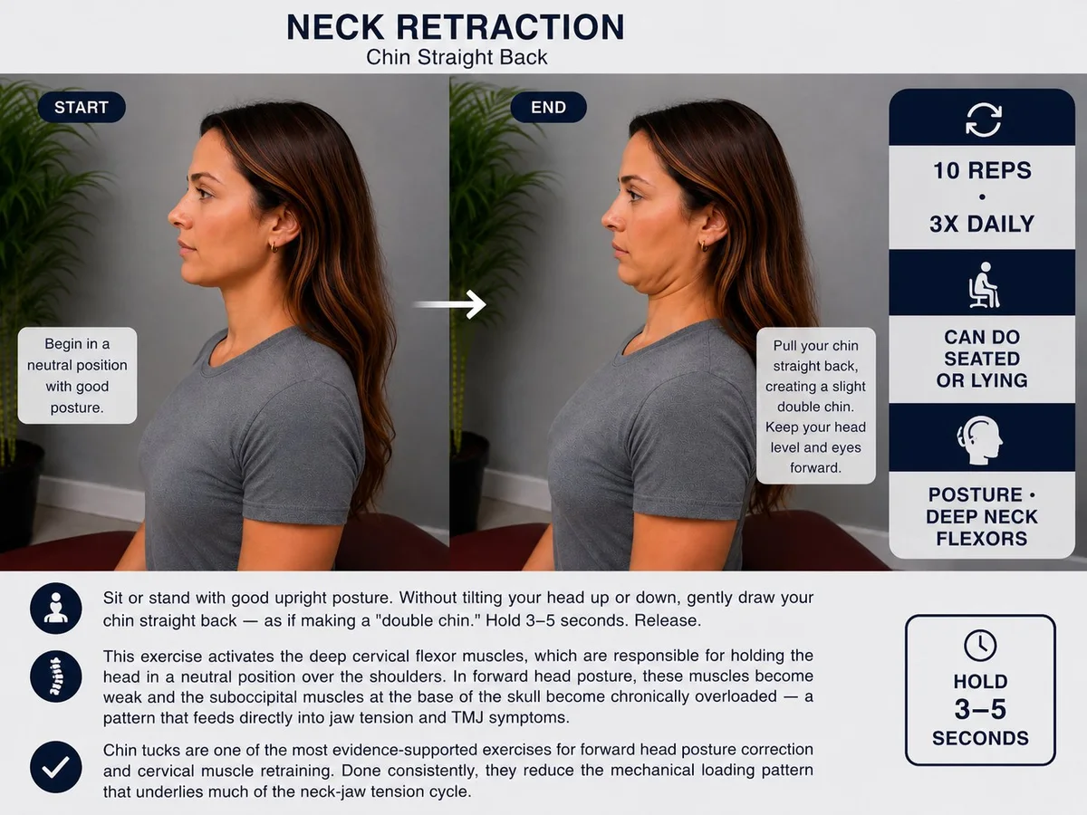 Neck retraction chin tuck TMJ exercise — start and end position