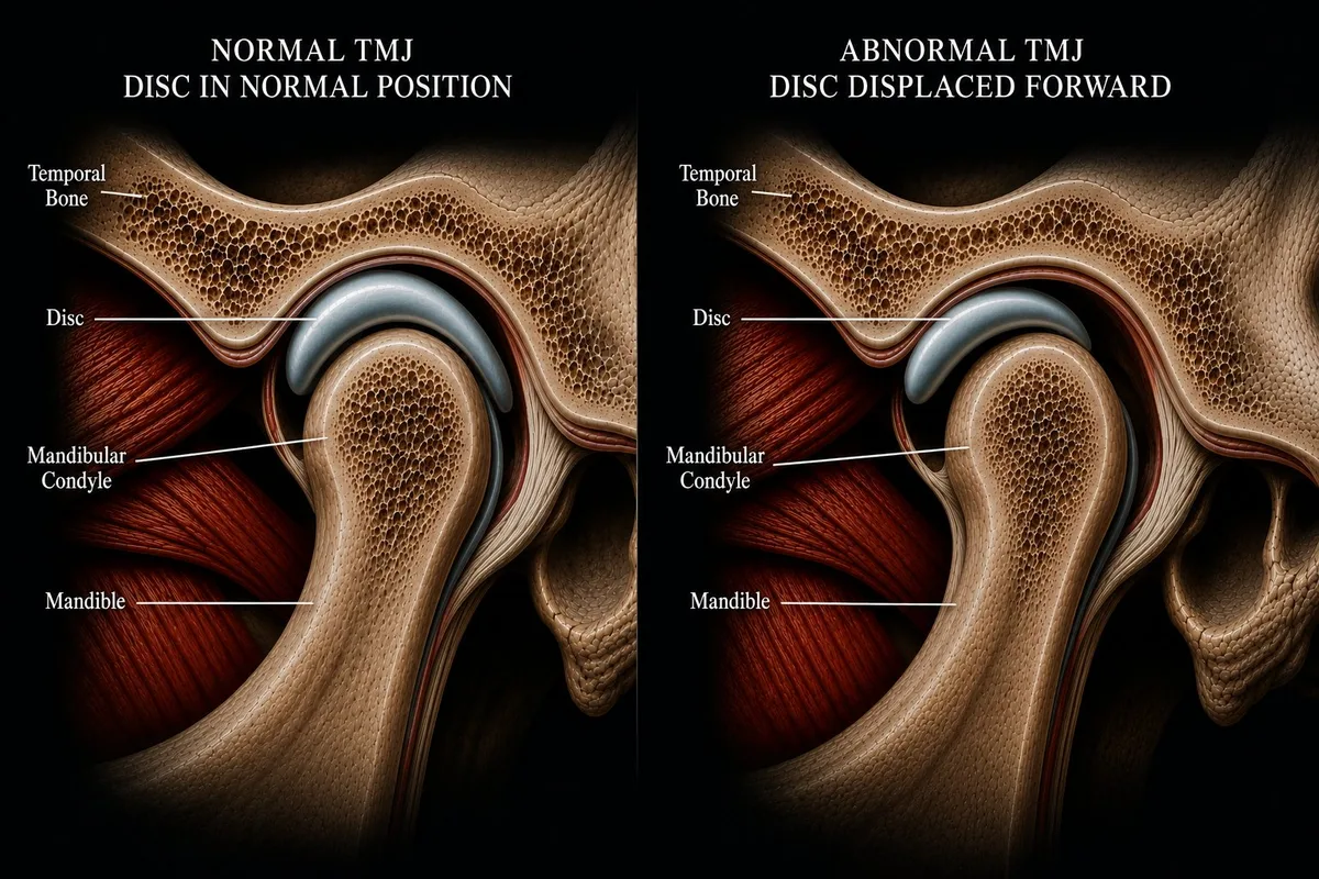 Side by side comparison of normal TMJ disc position versus anterior disc displacement