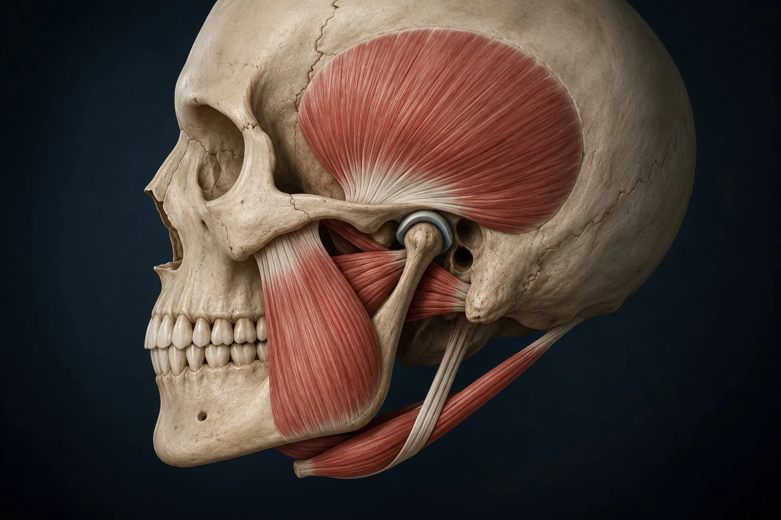 Lateral view of skull showing temporalis and masseter jaw muscles